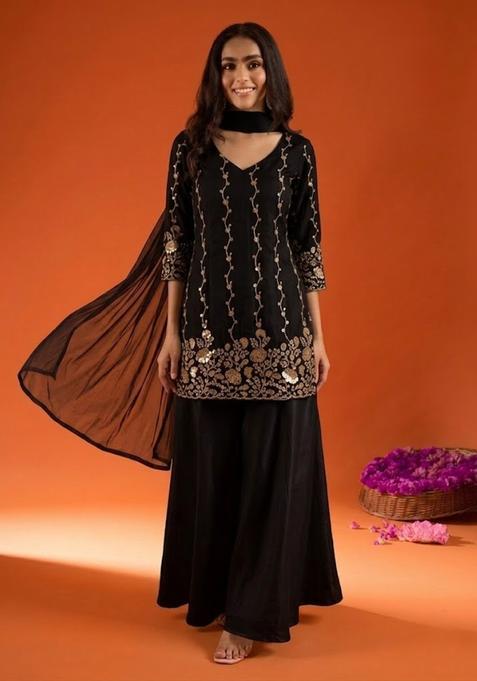 Jet Black Embroidered Crepe Sharara Set