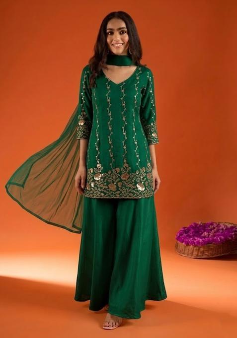 Green Embroidered Crepe Sharara Set