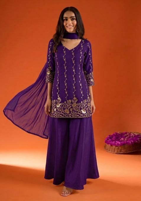 Violet Embroidered Crepe Sharara Set