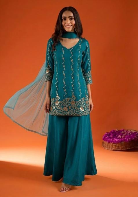 Blue Embroidered Crepe Sharara Set
