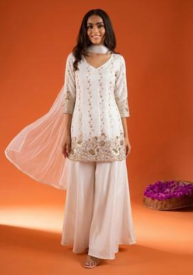 White Embroidered Crepe Sharara Set
