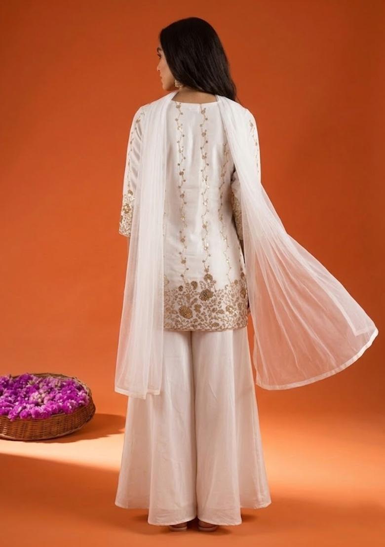 White Embroidered Crepe Sharara Set - Indya
