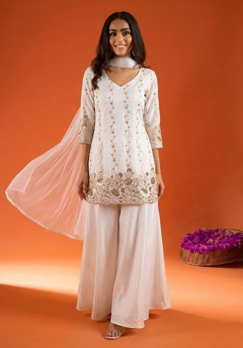 White Embroidered Crepe Sharara Set