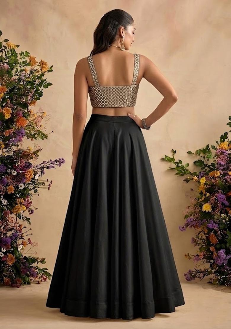 Jet Black Embellished Georgette Lehenga Set - Indya