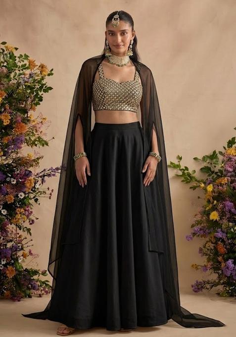 Jet Black Embellished Georgette Lehenga Set
