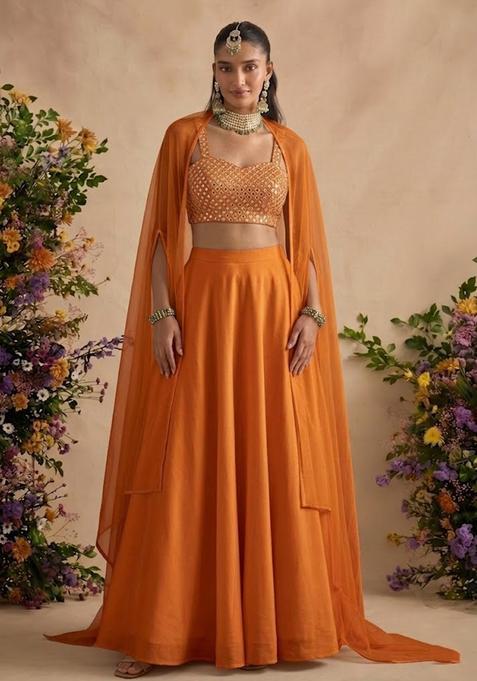 Orange Embellished Georgette Lehenga Set