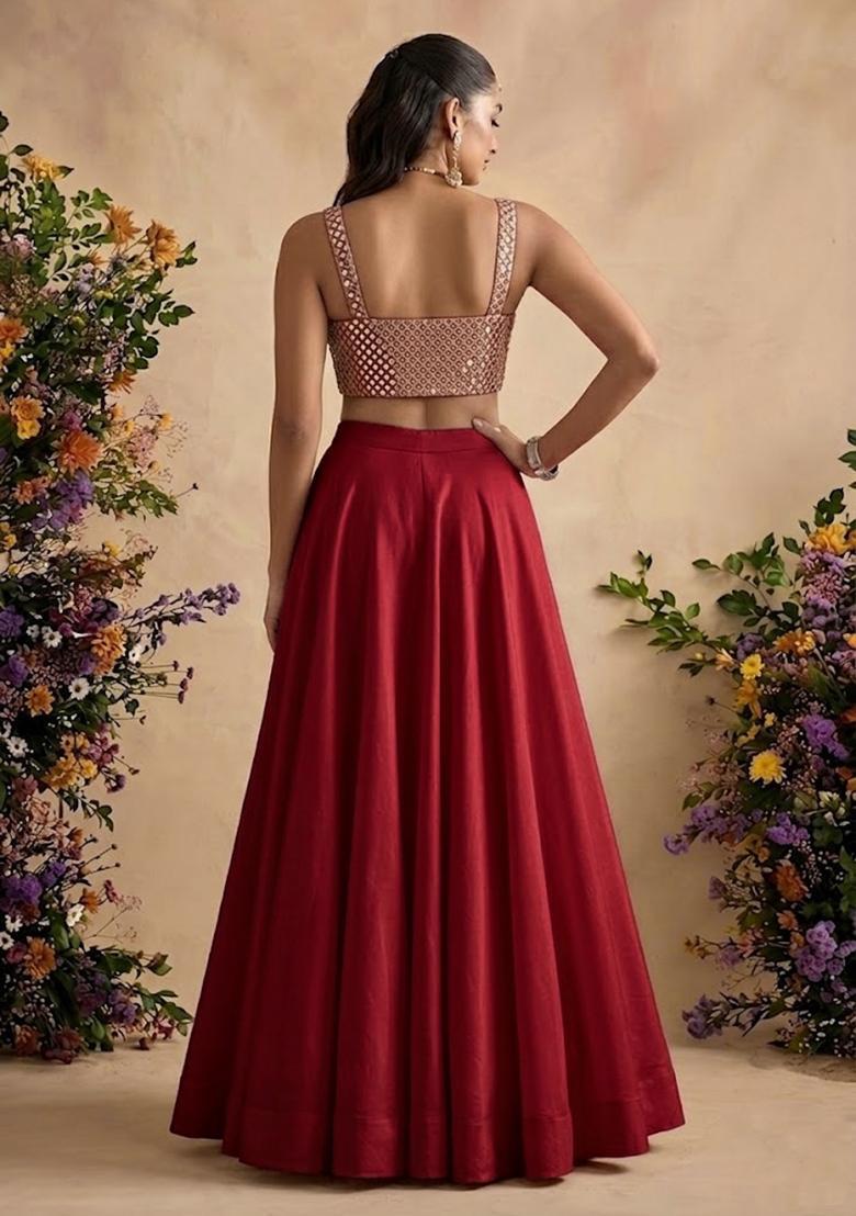 Red Embellished Georgette Lehenga Set - Indya