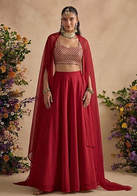 Red Embellished Georgette Lehenga Set