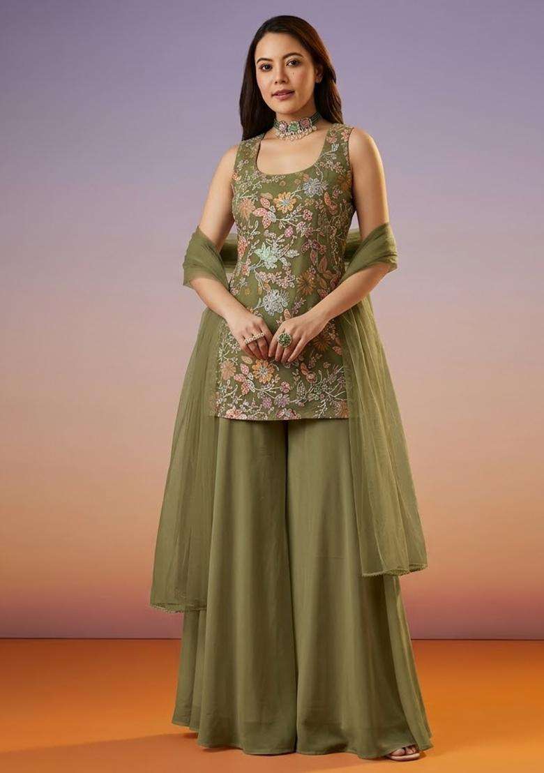 Olive Green Sequin Crepe Sharara Set - Indya