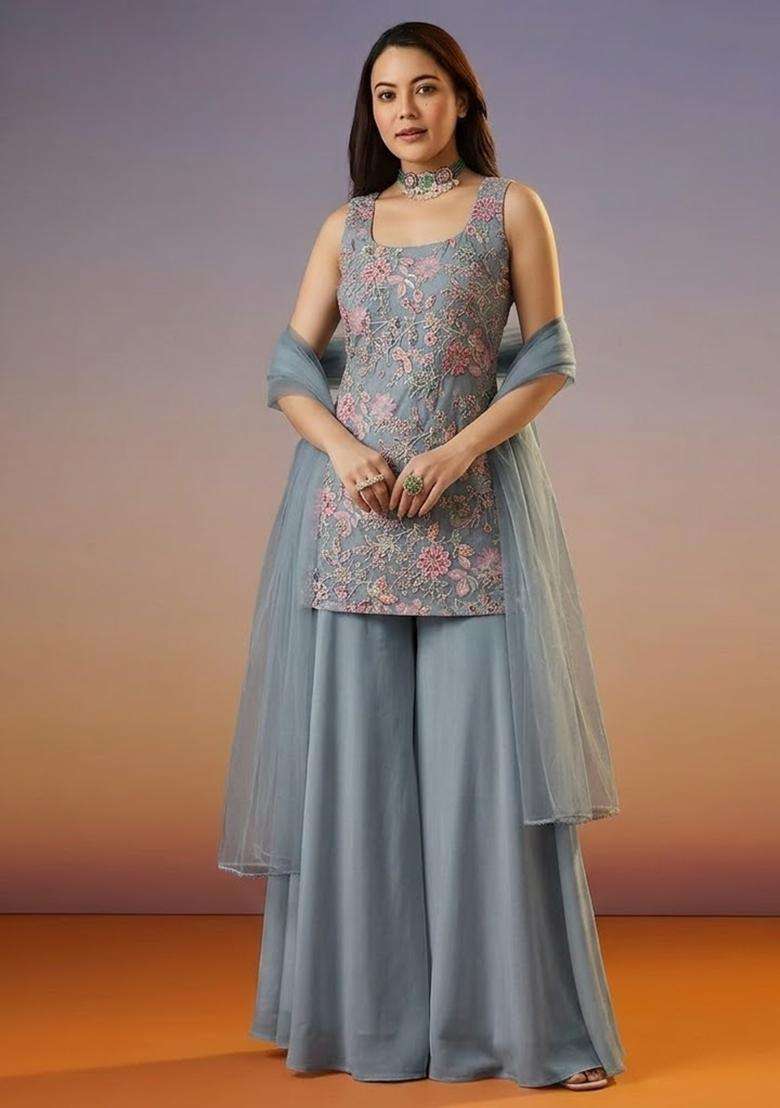 Grey Sequin Crepe Sharara Set - Indya