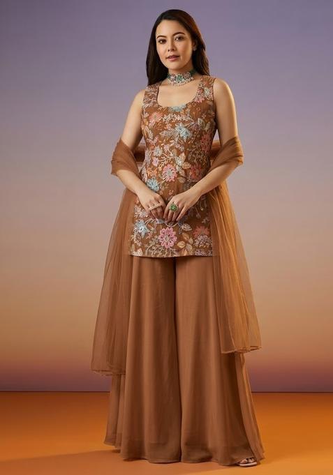 Brown Sequin Crepe Sharara Set