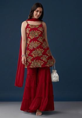 Crimson Red Embroidered Organza Sharara Set
