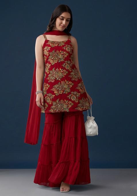 Crimson Red Embroidered Organza Sharara Set