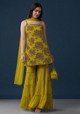 Green Embroidered Organza Sharara Set