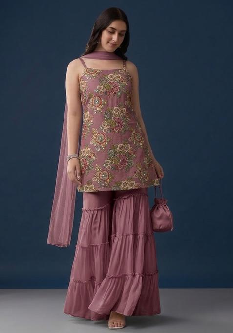 Purple Embroidered Organza Sharara Set