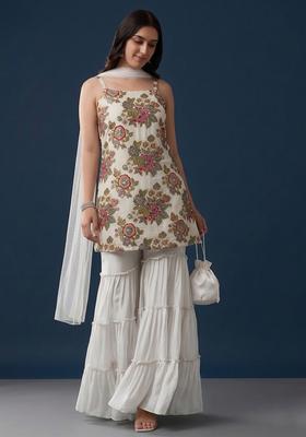 White Embroidered Organza Sharara Set