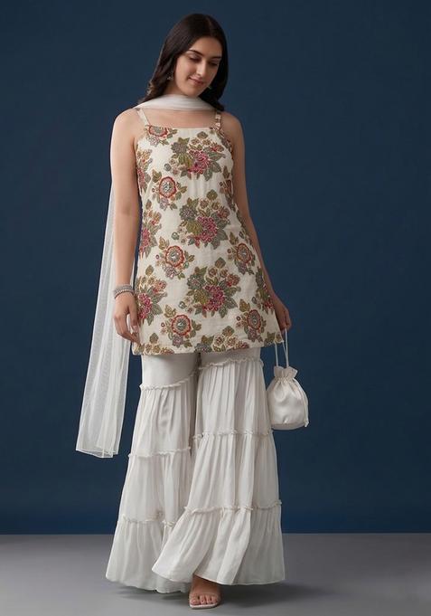 White Embroidered Organza Sharara Set