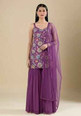 Magenta Purple Floral Print Chinon Sharara Set