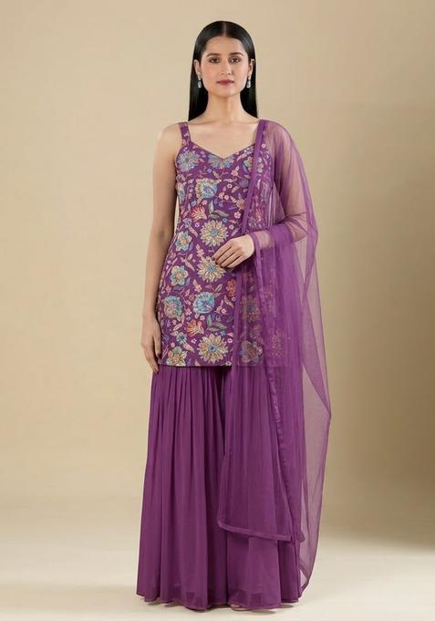 Magenta Purple Floral Print Chinon Sharara Set