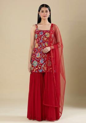 Red Floral Print Chinon Sharara Set