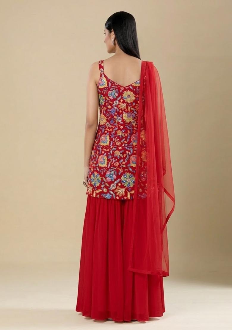 Red Floral Print Chinon Sharara Set - Indya