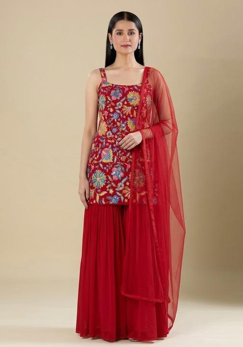 Red Floral Print Chinon Sharara Set