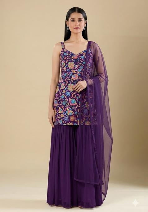 Purple Floral Print Chinon Sharara Set