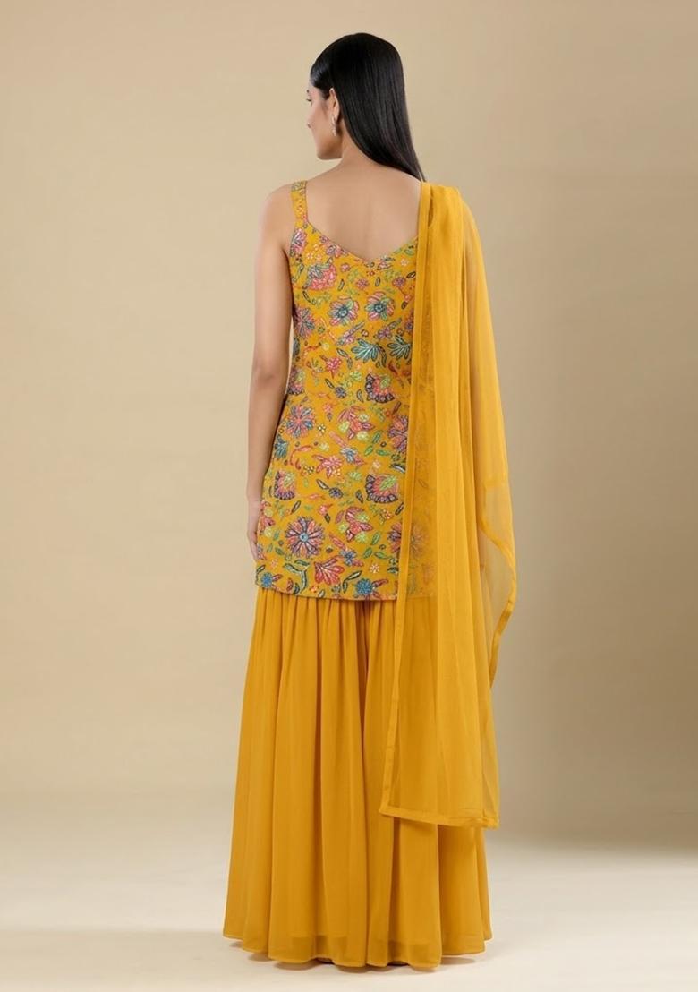 Yellow Floral Print Chinon Sharara Set - Indya