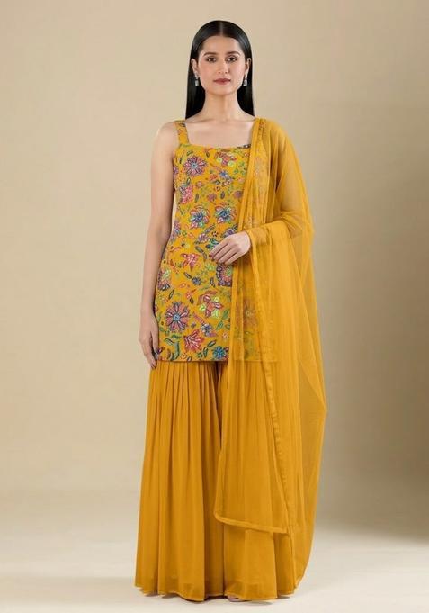 Yellow Floral Print Chinon Sharara Set