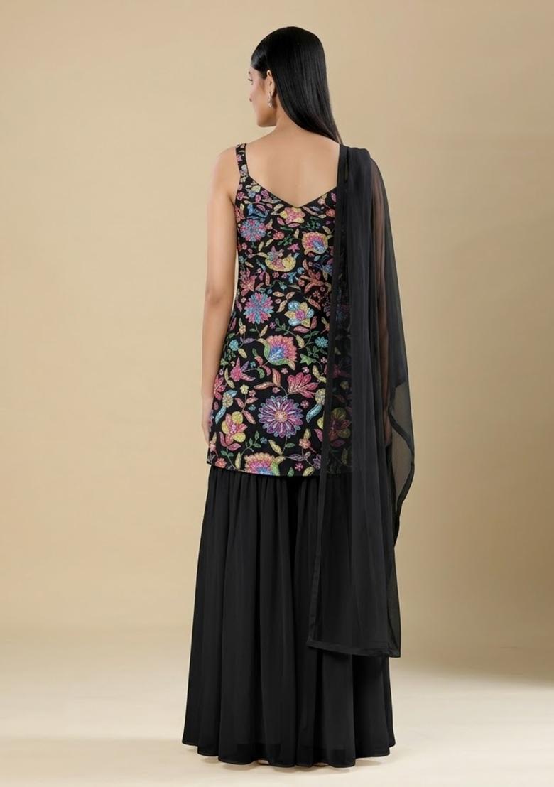 Black Floral Print Chinon Sharara Set - Indya
