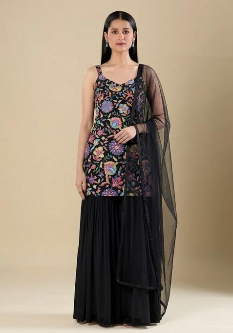Black Floral Print Chinon Sharara Set