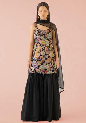 Jet Black Printed Crepe Sharara Set