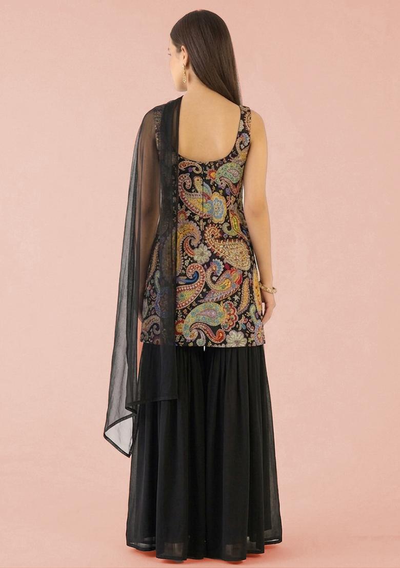 Jet Black Printed Crepe Sharara Set - Indya