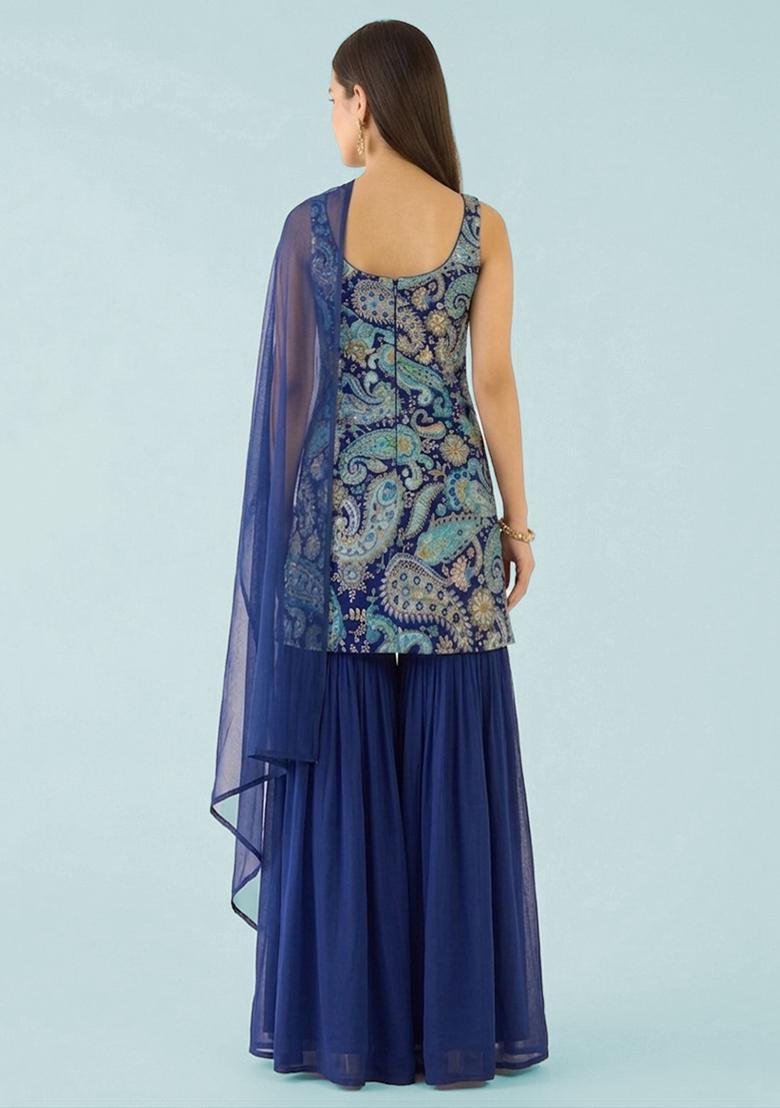Blue Printed Crepe Sharara Set - Indya