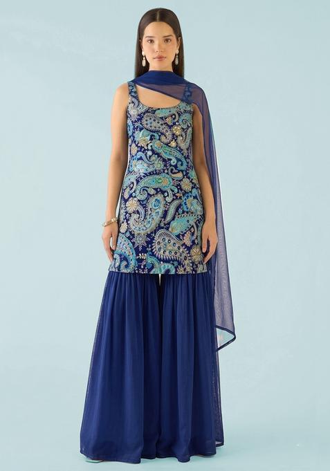 Blue Printed Crepe Sharara Set