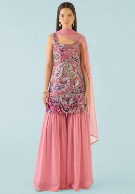 Pink Printed Crepe Sharara Set