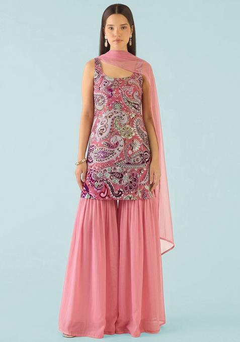 Pink Printed Crepe Sharara Set