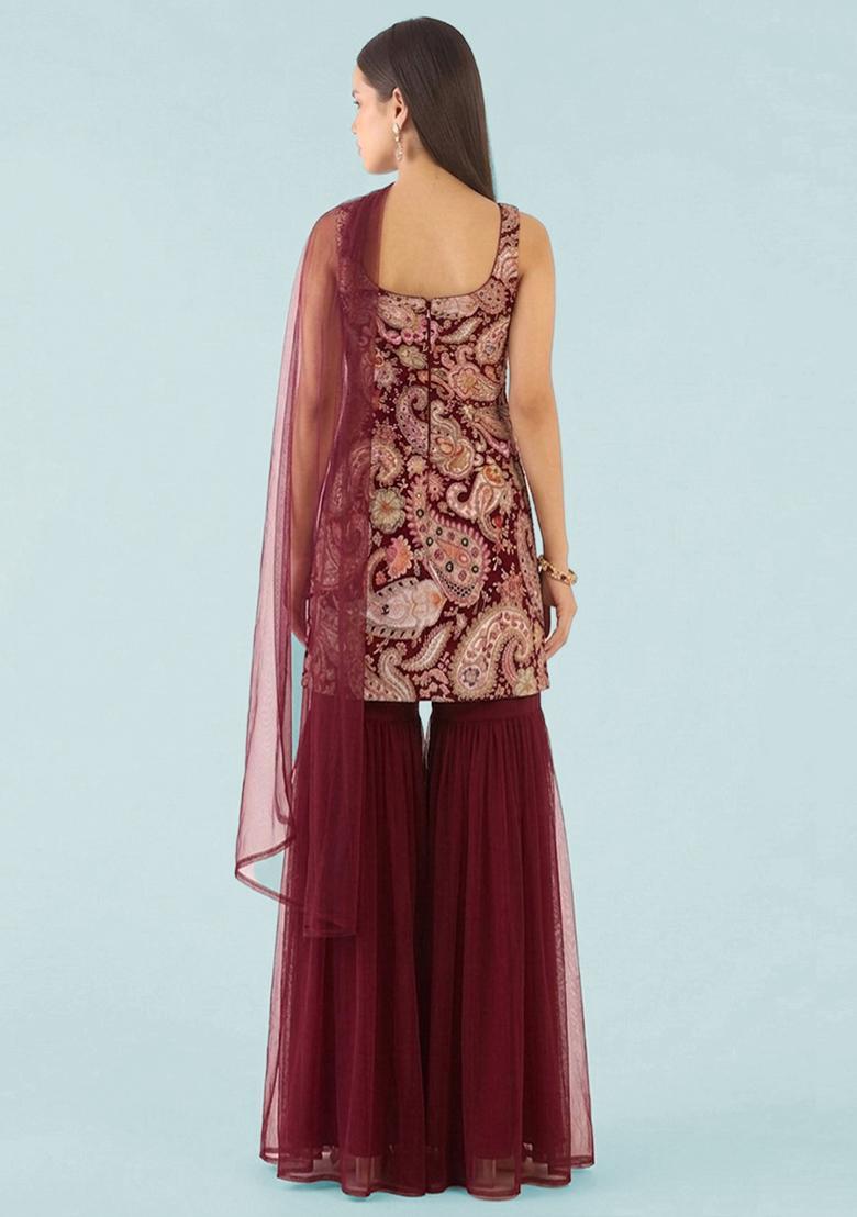 Red Printed Crepe Sharara Set - Indya