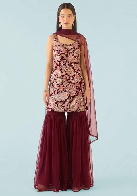 Red Printed Crepe Sharara Set