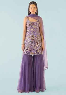 Purple Printed Crepe Sharara Set