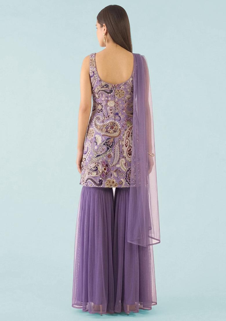 Purple Printed Crepe Sharara Set - Indya