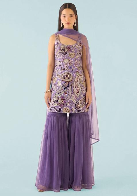 Purple Printed Crepe Sharara Set