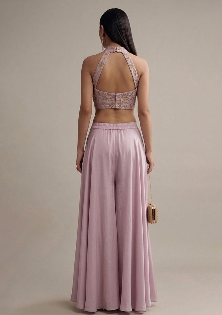 Dusty Mauve Embroidered Tissue Fusion Set - Indya
