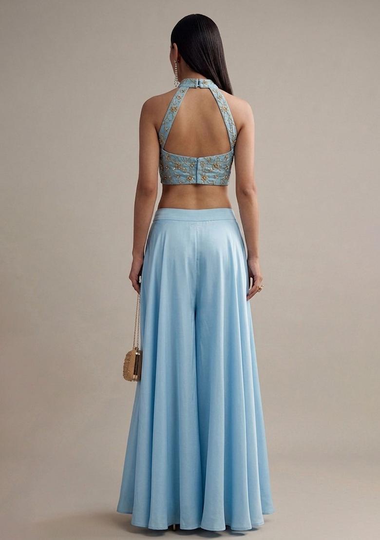 Sky Blue Embroidered Tissue Fusion Set - Indya