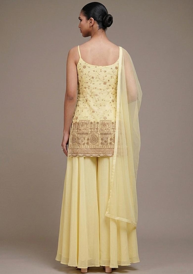 Lemon Yellow Embroidered Crepe Sharara Set - Indya