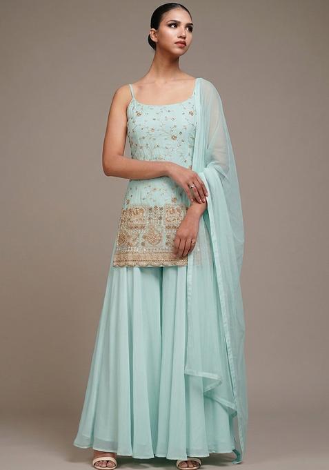 Mint    Embroidered Crepe Sharara Set