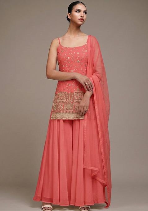 Coral Embroidered Crepe Sharara Set