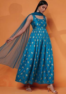 Teal Blue Jacquard Silk Anarkali with Dupatta