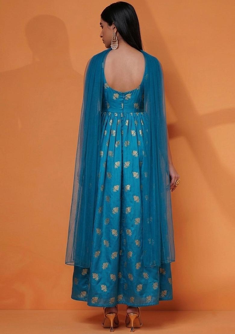 Teal Blue Jacquard Silk Anarkali with Dupatta - Indya