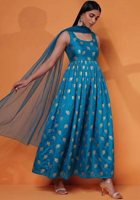 Teal Blue Jacquard Silk Anarkali with Dupatta